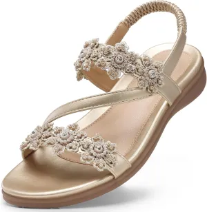 TEMOFON Sandals for Women Flat Dressy: Summer Flower Sandals with Ankle Strap Comfortable Casual Walking Flat Sandals Size 5-11