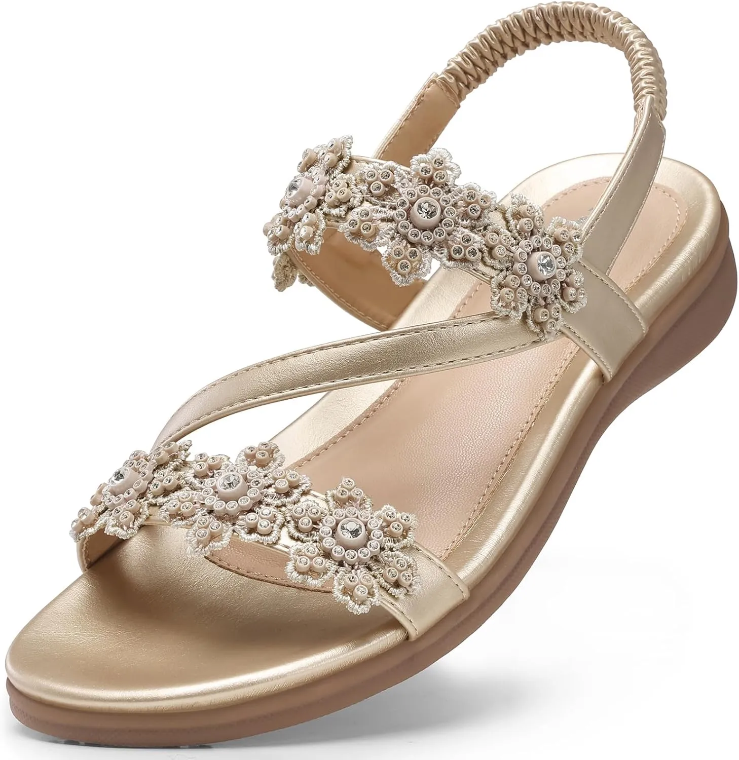 TEMOFON Sandals for Women Flat Dressy: Summer Flower Sandals with Ankle Strap Comfortable Casual Walking Flat Sandals Size 5-11
