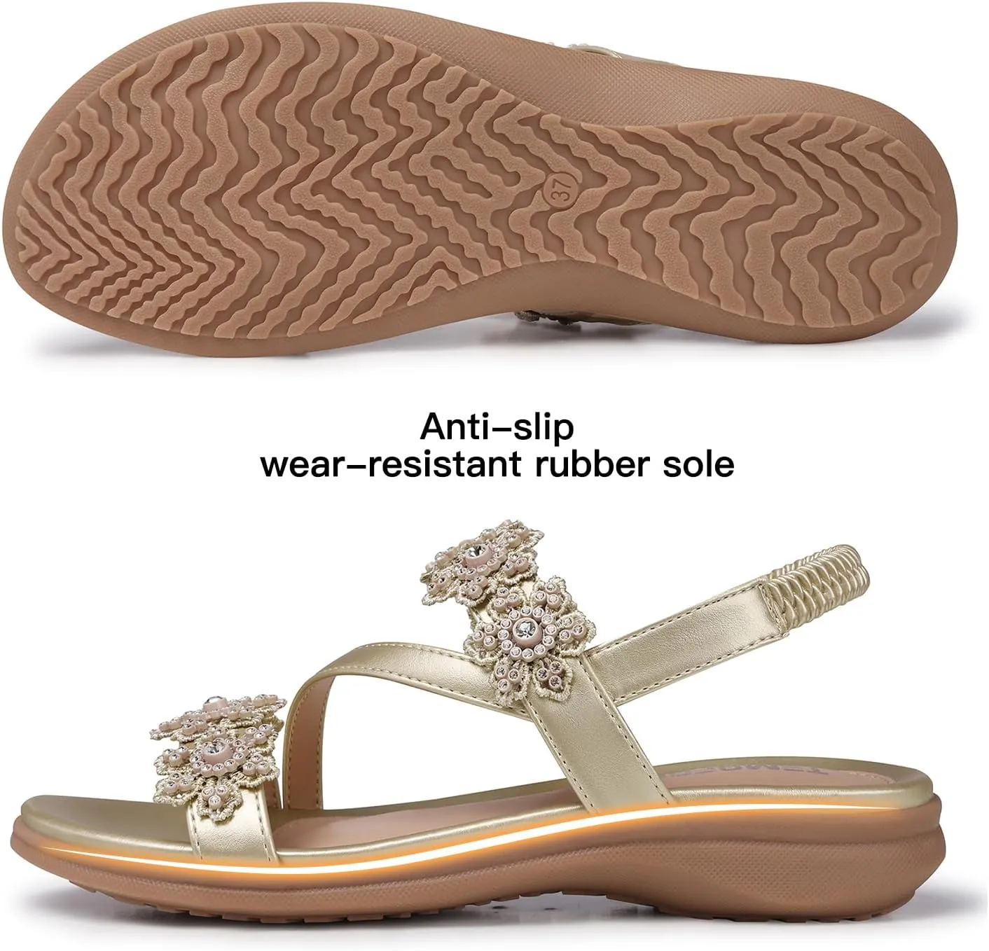 TEMOFON Sandals for Women Flat Dressy: Summer Flower Sandals with Ankle Strap Comfortable Casual Walking Flat Sandals Size 5-11