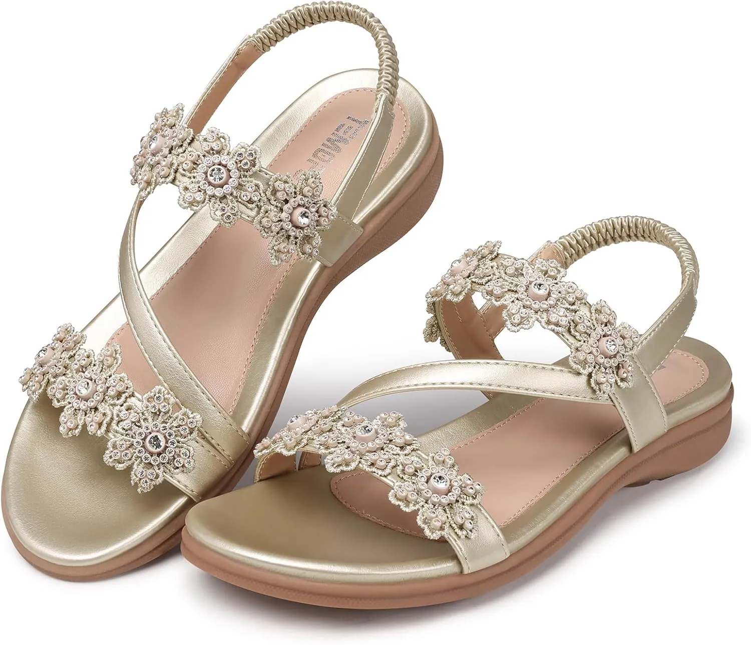 TEMOFON Sandals for Women Flat Dressy: Summer Flower Sandals with Ankle Strap Comfortable Casual Walking Flat Sandals Size 5-11