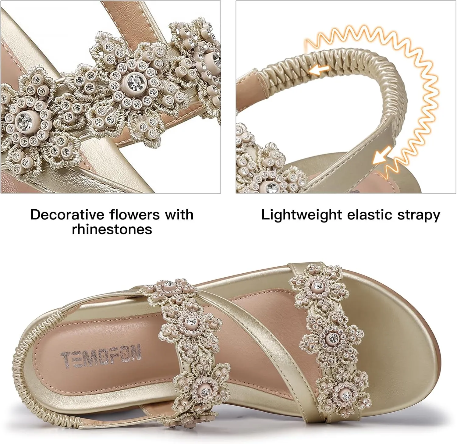 TEMOFON Sandals for Women Flat Dressy: Summer Flower Sandals with Ankle Strap Comfortable Casual Walking Flat Sandals Size 5-11