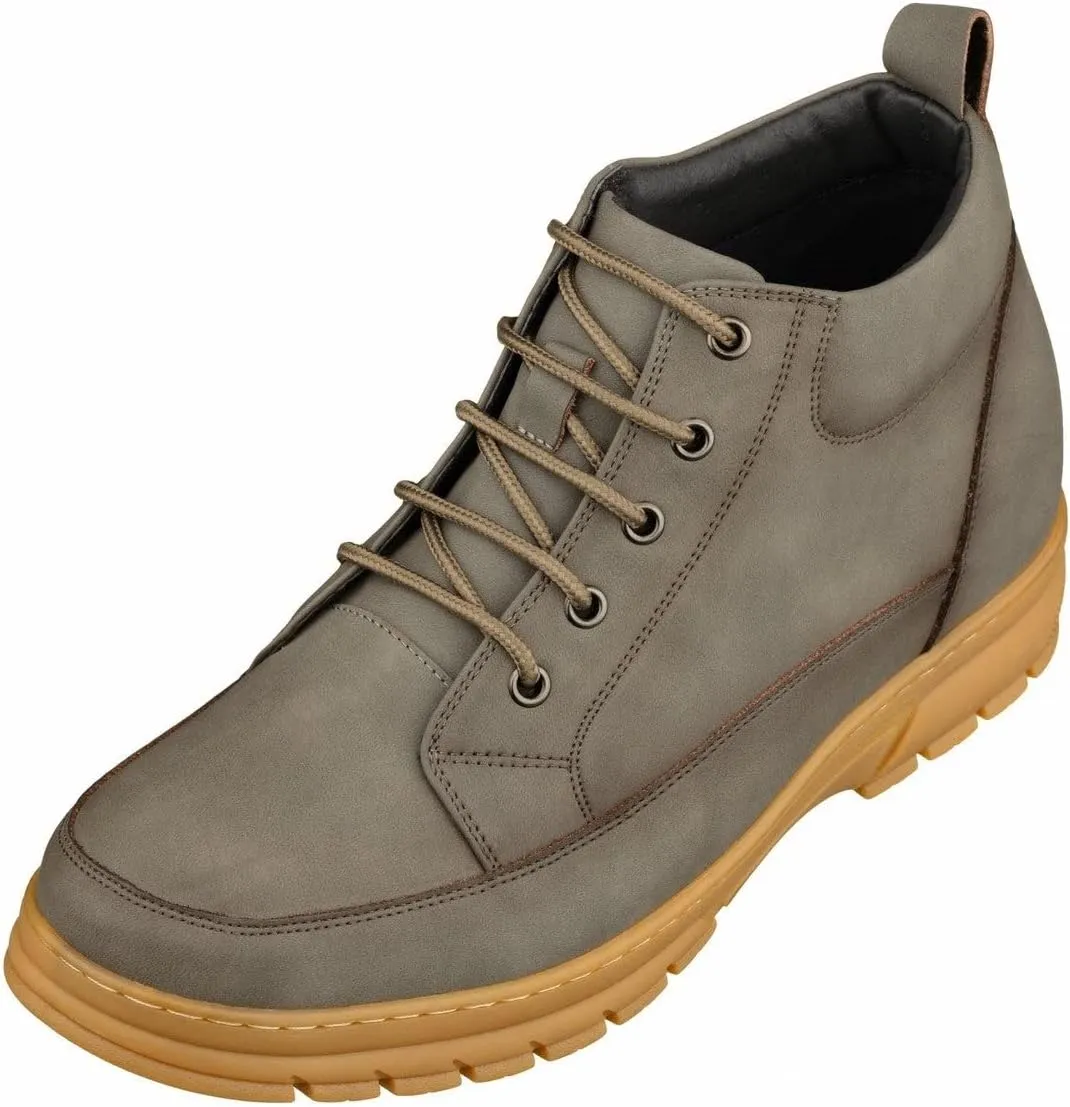 TOTO Men's Invisible Height Increasing Elevator Shoes - Grey Premium Leather Lace-up Hiking-Style Boots - 2.8 Inches Taller - K11551 - Size 9 D(M) US