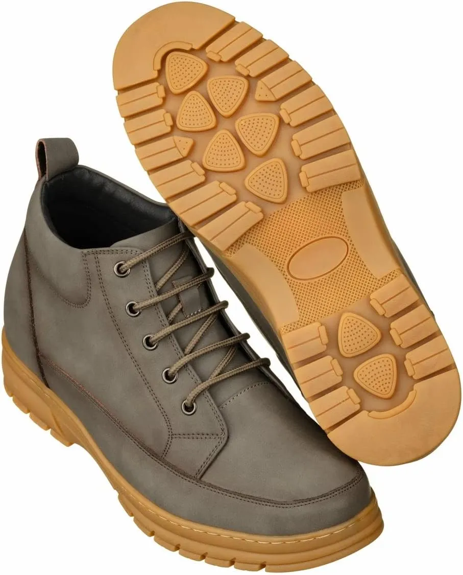 TOTO Men's Invisible Height Increasing Elevator Shoes - Grey Premium Leather Lace-up Hiking-Style Boots - 2.8 Inches Taller - K11551 - Size 9 D(M) US