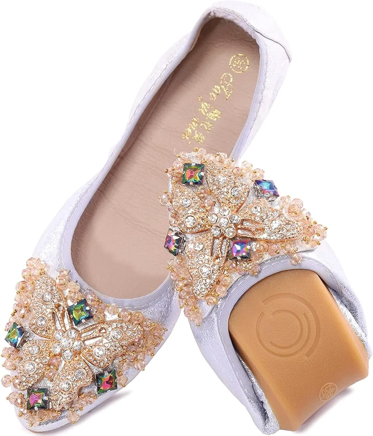 USANDY Women Ballet Flats Rhinestone Wedding Ballerina Shoes Foldable Sparkly Comfort Slip on Flat Shoes