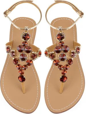 UTIKLIOU Women's Rhinestone Flat Sandals T-Strap Thong Sandals Summer Flat Sandals Flip Flop Sandals for Women