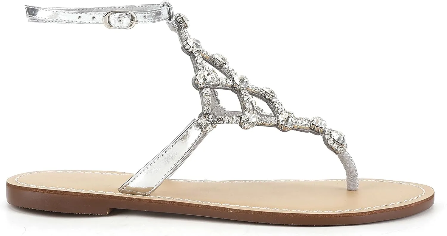 UTIKLIOU Women's Rhinestone Flat Sandals T-Strap Thong Sandals Summer Flat Sandals Flip Flop Sandals for Women