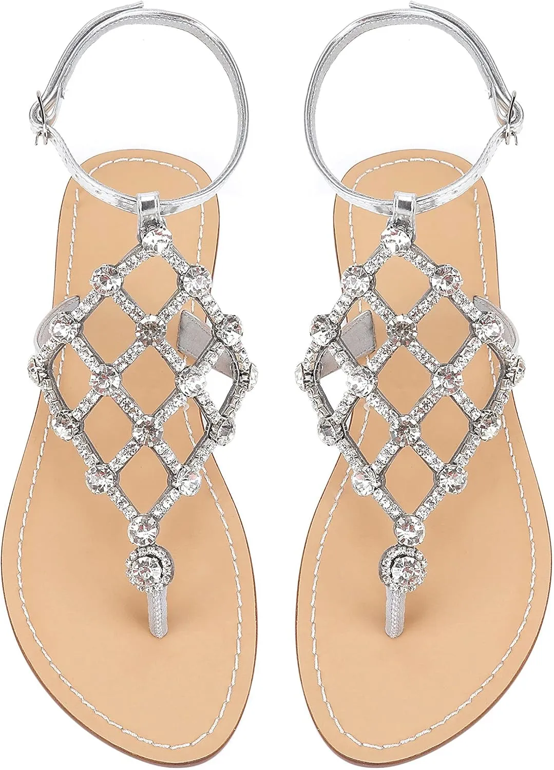 UTIKLIOU Women's Rhinestone Flat Sandals T-Strap Thong Sandals Summer Flat Sandals Flip Flop Sandals for Women