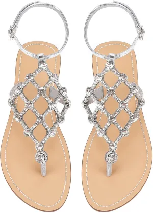 UTIKLIOU Women's Rhinestone Flat Sandals T-Strap Thong Sandals Summer Flat Sandals Flip Flop Sandals for Women