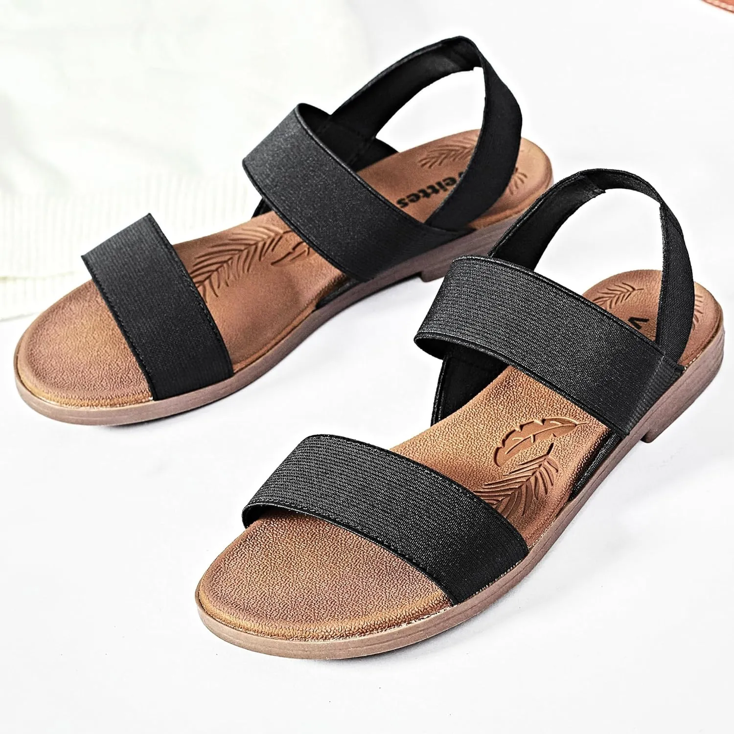 Veittes Women's Flat Slide Sandals-Adjustable Double Elastic Bands,Crossover Straps,Fashion Casual Summer Flat Sandals.