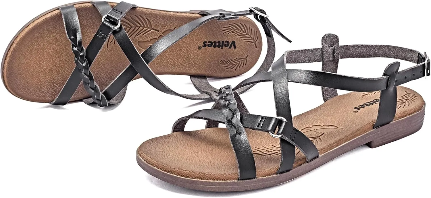 Veittes Women's Flat Slide Sandals-Adjustable Double Elastic Bands,Crossover Straps,Fashion Casual Summer Flat Sandals.
