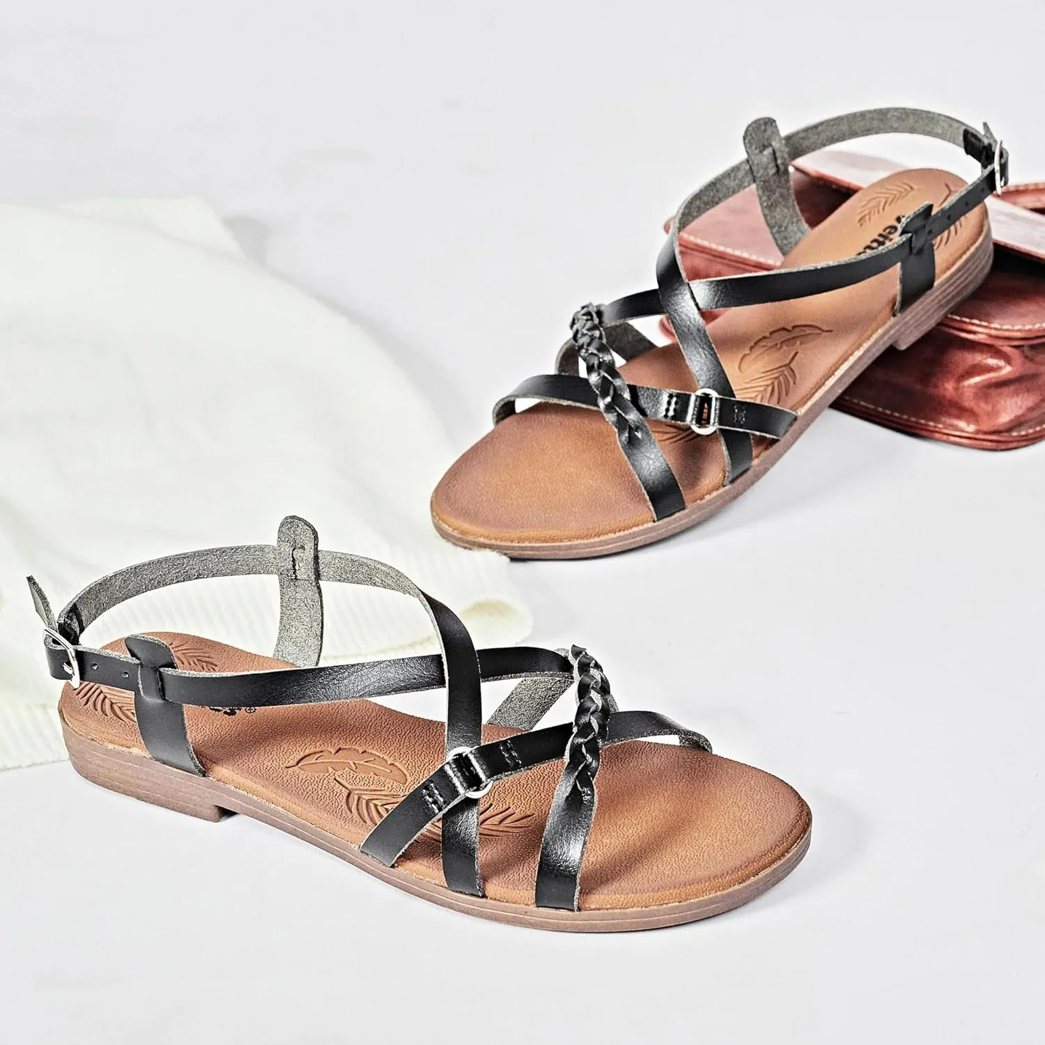 Veittes Women's Flat Slide Sandals-Adjustable Double Elastic Bands,Crossover Straps,Fashion Casual Summer Flat Sandals.