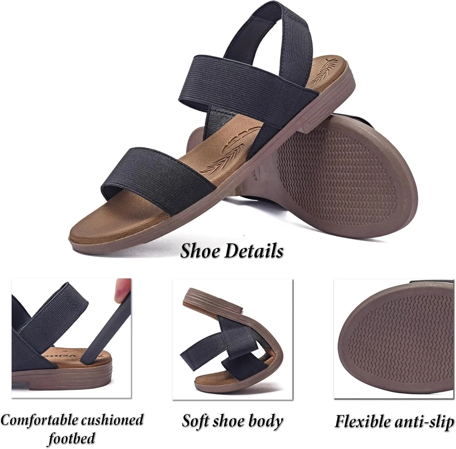 Veittes Women's Flat Slide Sandals-Adjustable Double Elastic Bands,Crossover Straps,Fashion Casual Summer Flat Sandals.