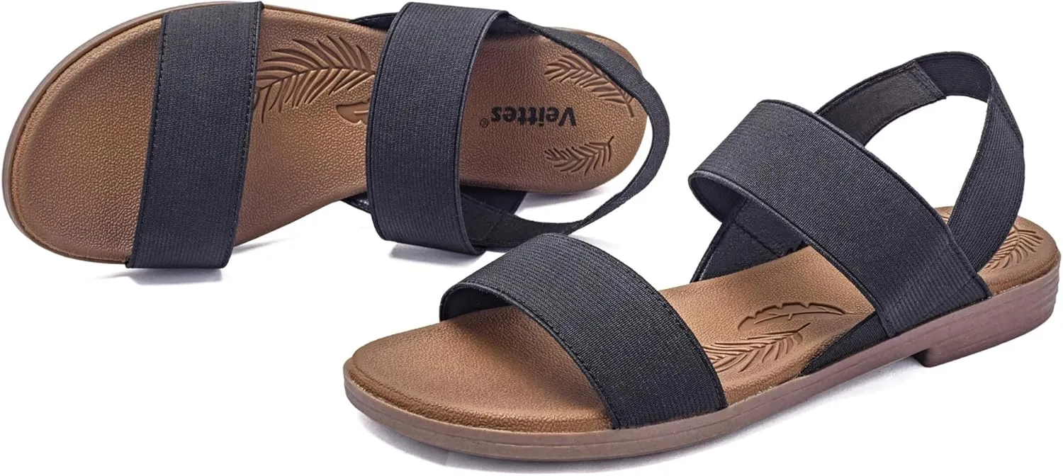 Veittes Women's Flat Slide Sandals-Adjustable Double Elastic Bands,Crossover Straps,Fashion Casual Summer Flat Sandals.