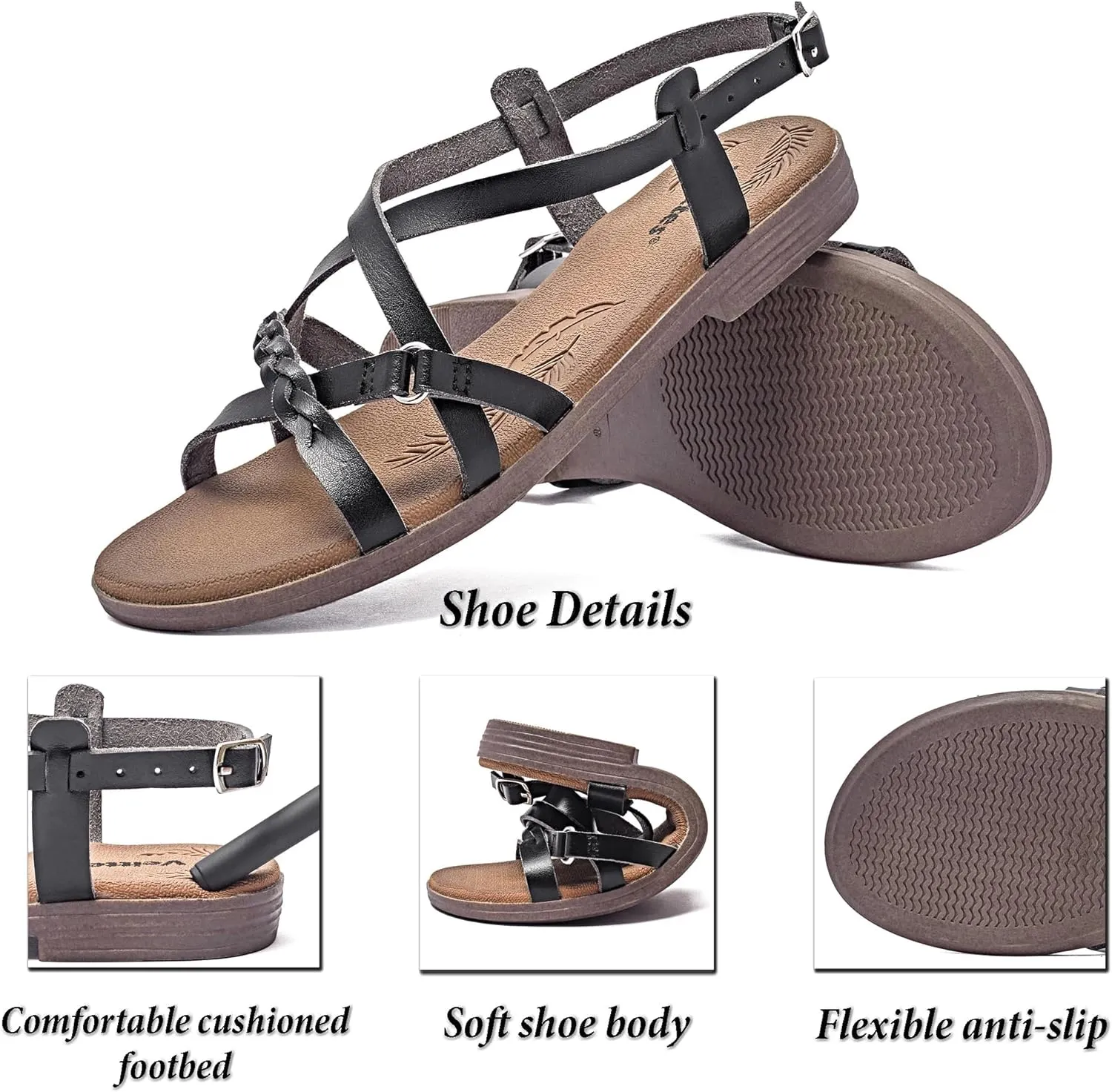 Veittes Women's Flat Slide Sandals-Adjustable Double Elastic Bands,Crossover Straps,Fashion Casual Summer Flat Sandals.