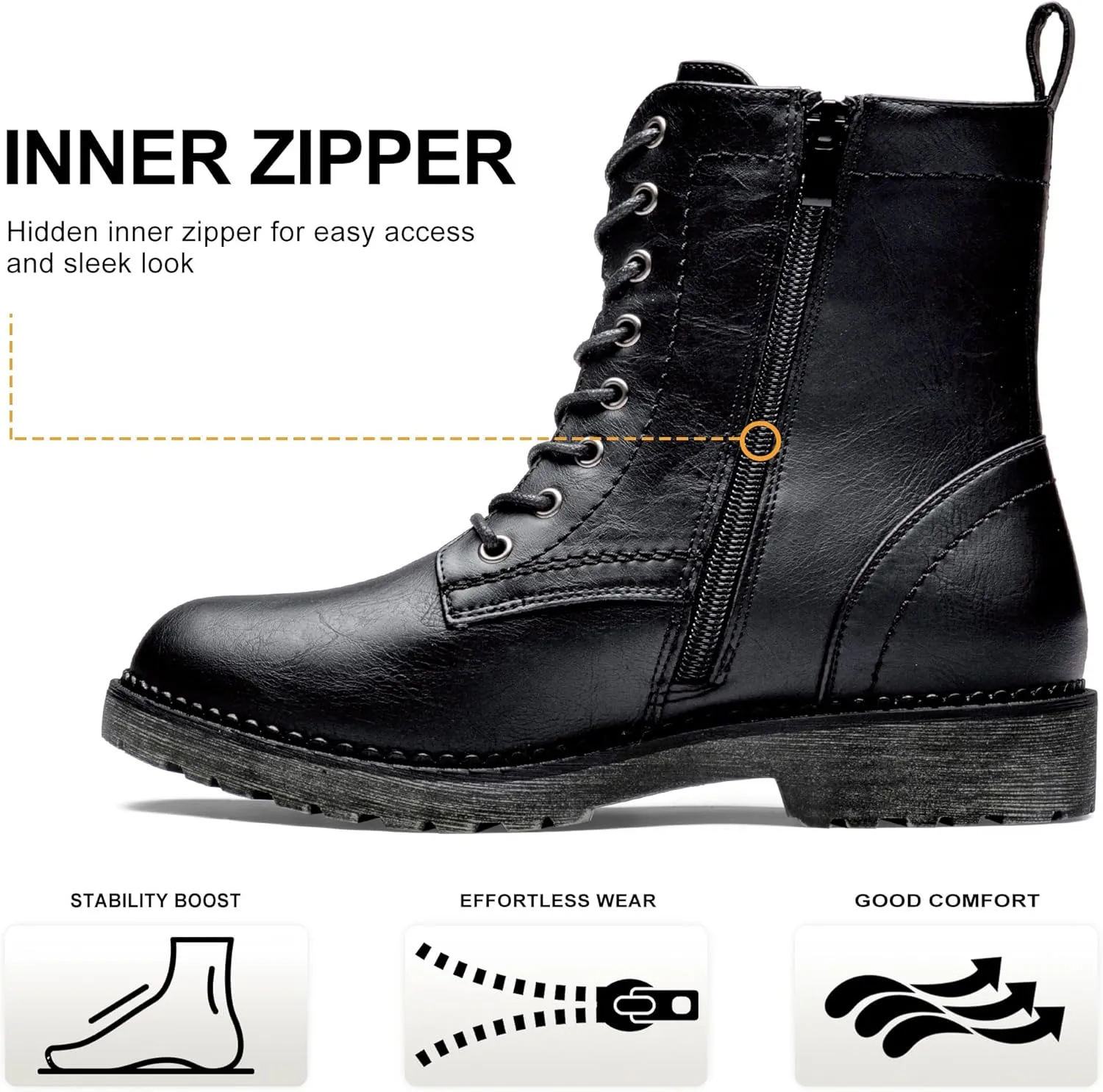 Vepose Women's Combat Ankle Black Flat Boots, Military Fashion 925 Booties Inner Zipper