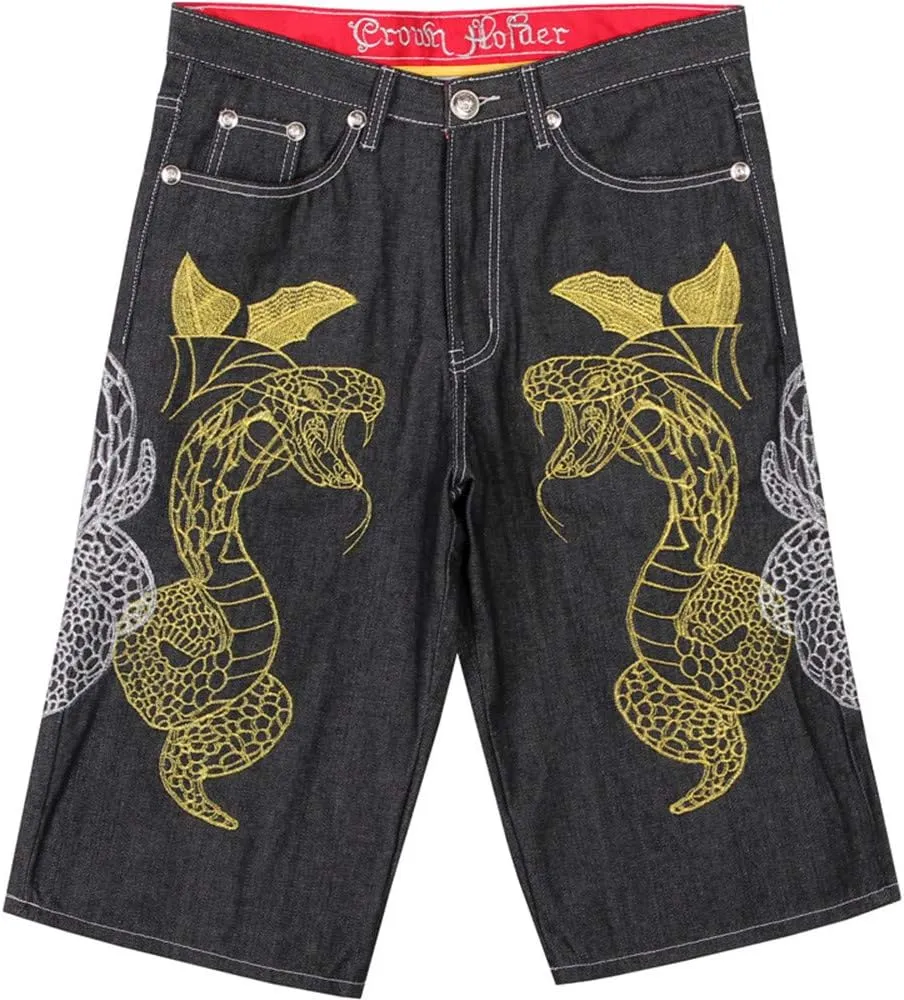 Veroders Men's Summer Shorts Baggy Hip Hop Black Jeans - Casual Straight Short Skateboard Pants Loose Jogging Jeans