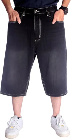 Veroders Men's Summer Shorts Baggy Hip Hop Black Jeans - Casual Straight Short Skateboard Pants Loose Jogging Jeans