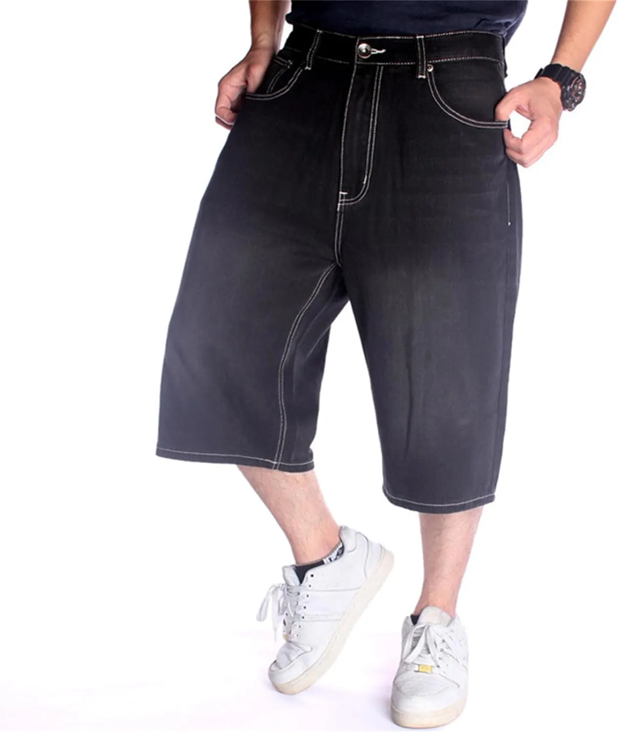 Veroders Men's Summer Shorts Baggy Hip Hop Black Jeans - Casual Straight Short Skateboard Pants Loose Jogging Jeans