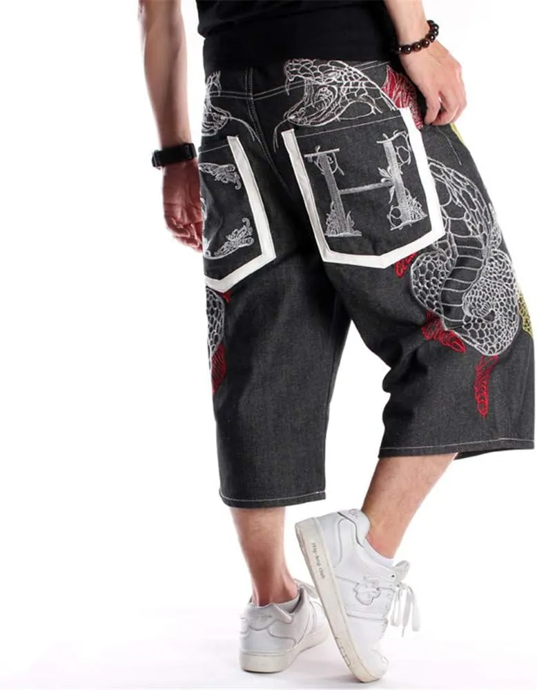 Veroders Men's Summer Shorts Baggy Hip Hop Black Jeans - Casual Straight Short Skateboard Pants Loose Jogging Jeans