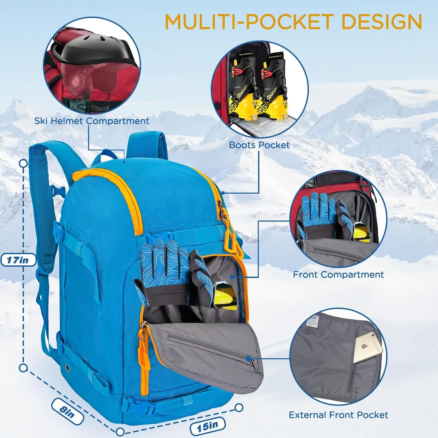 WOLT Ski Boot Bag Backpack 50L Snowboard Boot Bag for Travel for Snow Boots, Ski Helmet, Gloves, Goggles, Skiing Gear