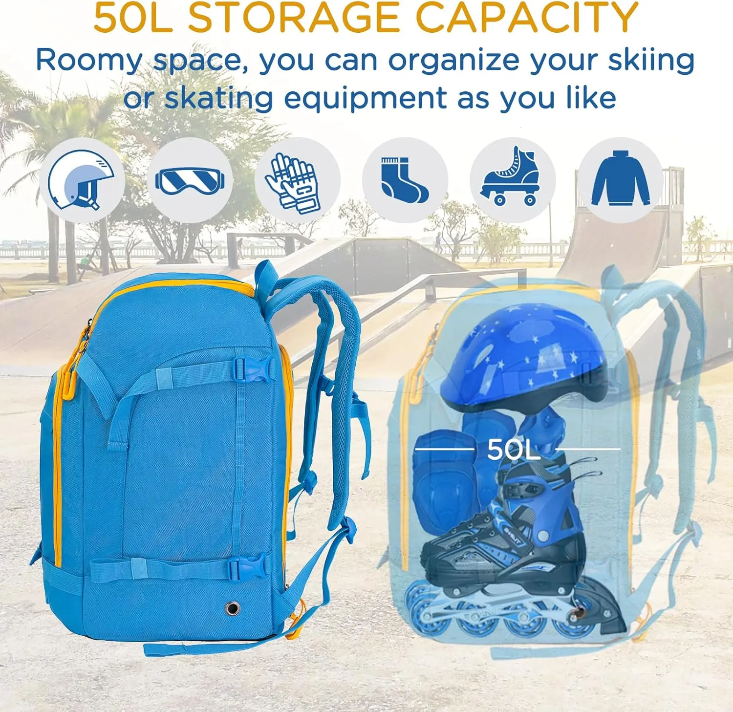 WOLT Ski Boot Bag Backpack 50L Snowboard Boot Bag for Travel for Snow Boots, Ski Helmet, Gloves, Goggles, Skiing Gear