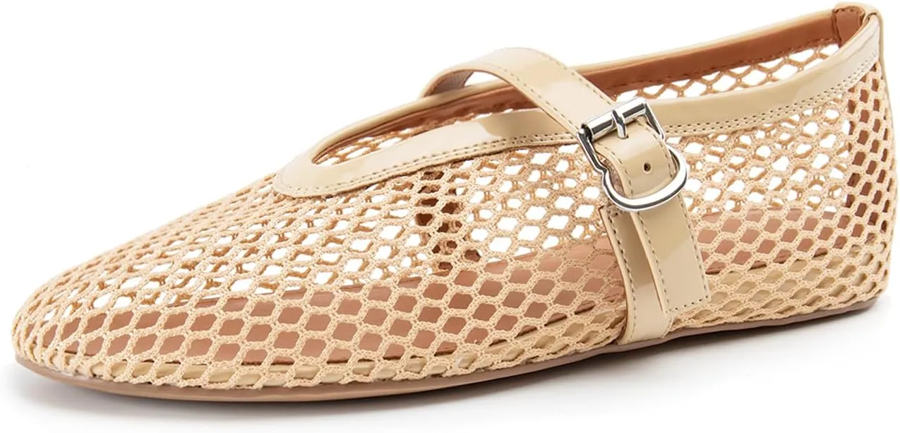 Women Mesh Flats Buckle Strap Round Toe Comfy Causal Ballet Flats Fashion Mary Jane Fishnet Ballerina Flat Shoes