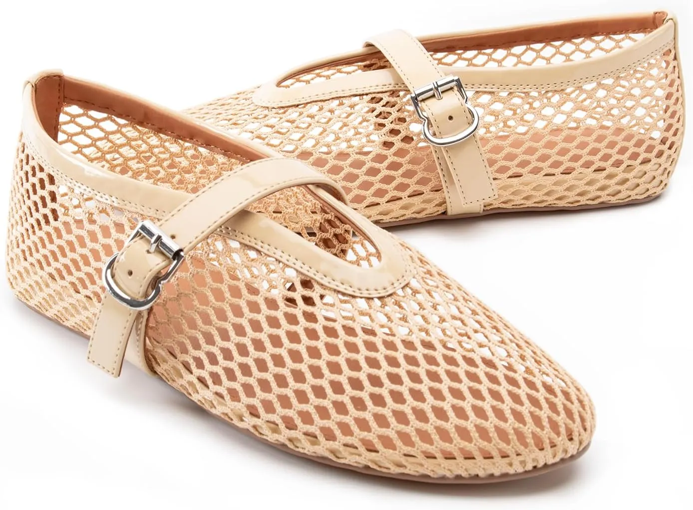 Women Mesh Flats Buckle Strap Round Toe Comfy Causal Ballet Flats Fashion Mary Jane Fishnet Ballerina Flat Shoes