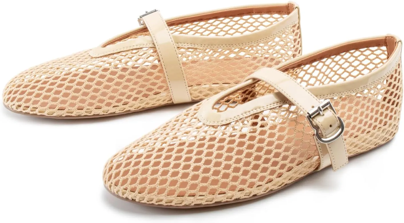 Women Mesh Flats Buckle Strap Round Toe Comfy Causal Ballet Flats Fashion Mary Jane Fishnet Ballerina Flat Shoes