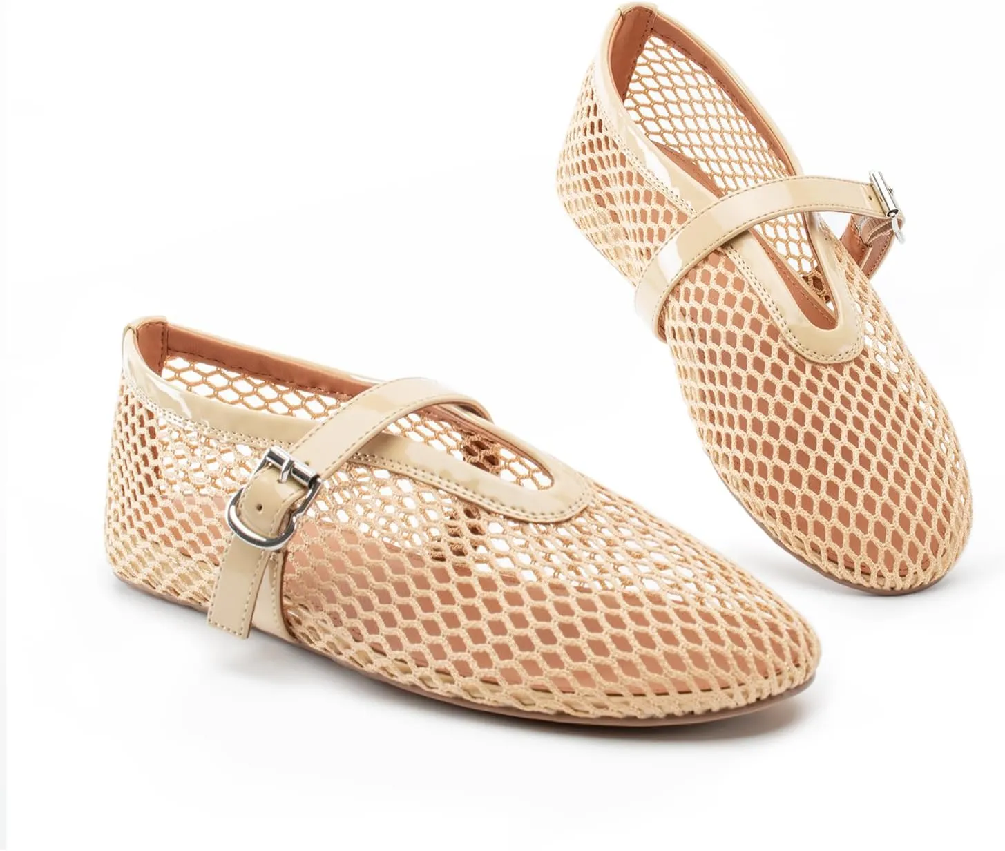Women Mesh Flats Buckle Strap Round Toe Comfy Causal Ballet Flats Fashion Mary Jane Fishnet Ballerina Flat Shoes