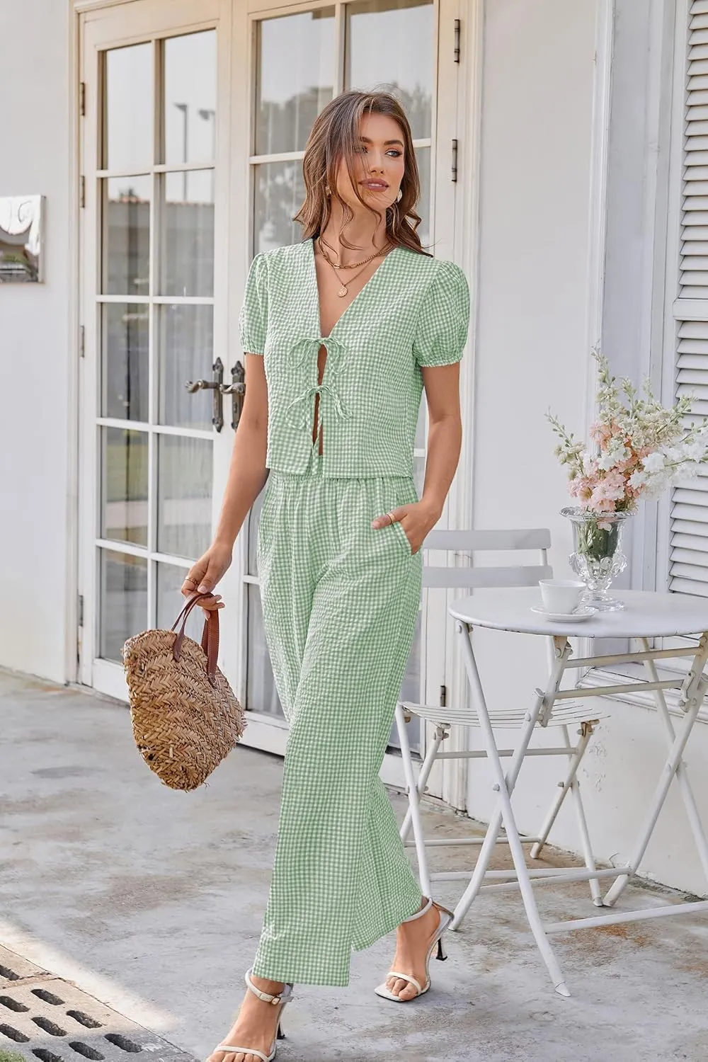 Women Y2k Gingham Sets Going Out Plaid Matching Pant Set Puff Short Sleeve Bow Tie Front Tops Pajamas Lounge Pants