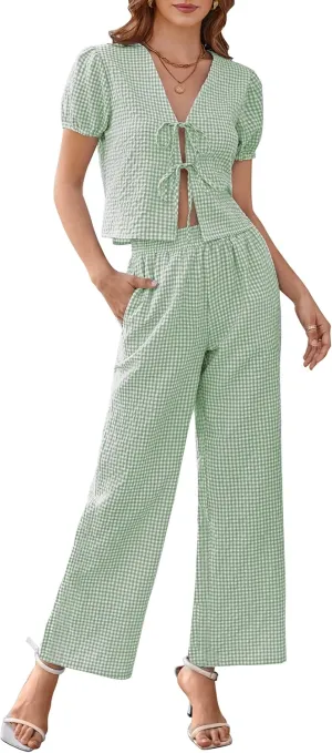 Women Y2k Gingham Sets Going Out Plaid Matching Pant Set Puff Short Sleeve Bow Tie Front Tops Pajamas Lounge Pants