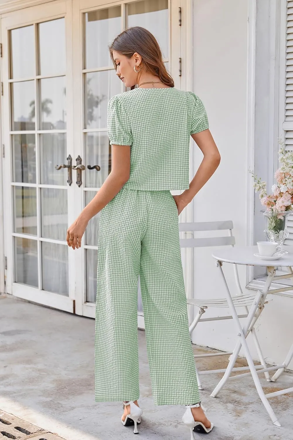 Women Y2k Gingham Sets Going Out Plaid Matching Pant Set Puff Short Sleeve Bow Tie Front Tops Pajamas Lounge Pants