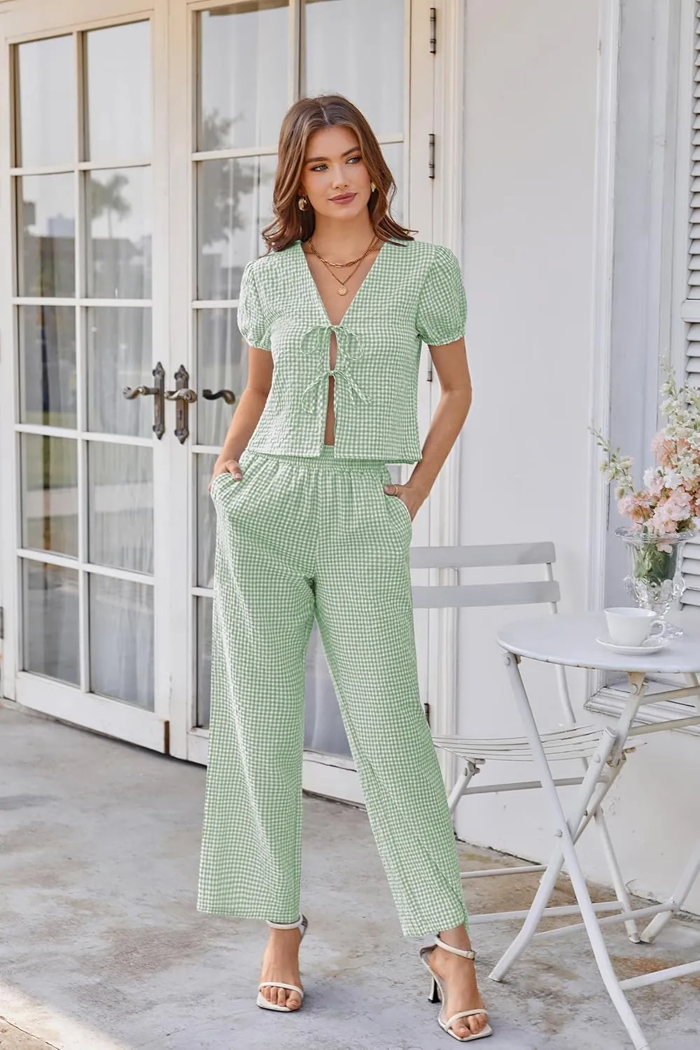 Women Y2k Gingham Sets Going Out Plaid Matching Pant Set Puff Short Sleeve Bow Tie Front Tops Pajamas Lounge Pants