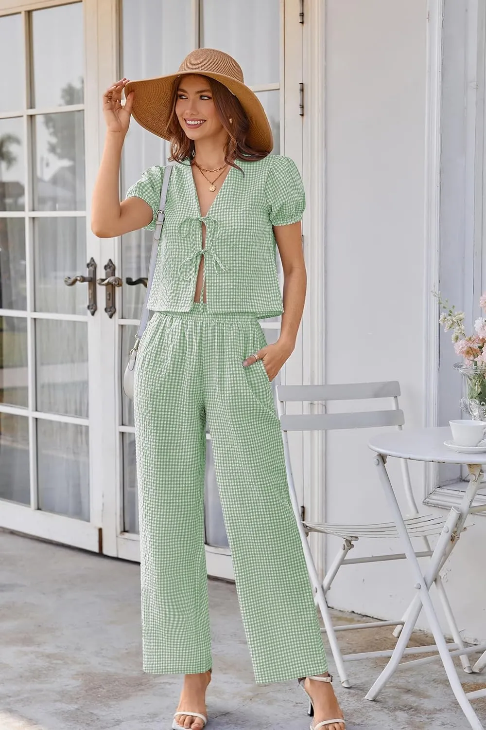 Women Y2k Gingham Sets Going Out Plaid Matching Pant Set Puff Short Sleeve Bow Tie Front Tops Pajamas Lounge Pants