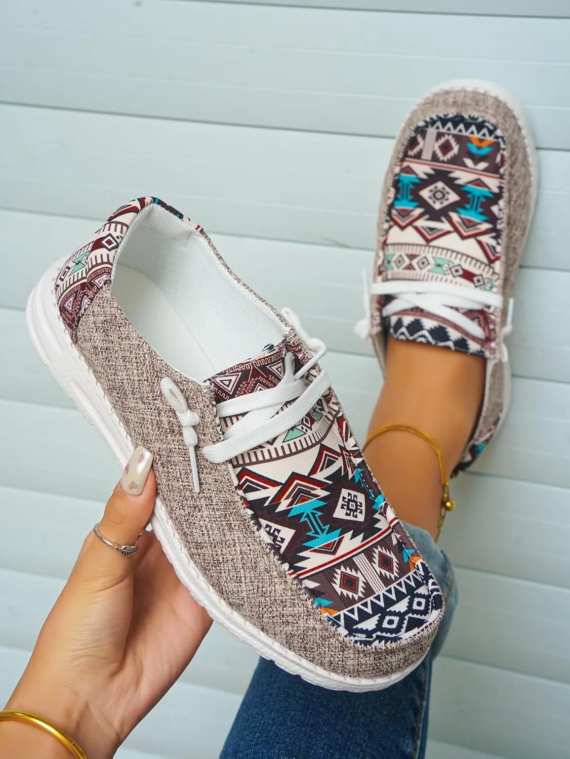 Women's Aztec Print Pattern Canvas Loafer Shoes Ethnic Lace-up Slip-on Sneakers Wide Width and Arch Support Lightweight Walking Breathable Shoes Comfort, Color Blue Brown Rose-Red