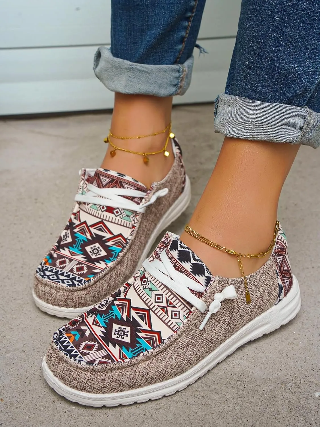 Women's Aztec Print Pattern Canvas Loafer Shoes Ethnic Lace-up Slip-on Sneakers Wide Width and Arch Support Lightweight Walking Breathable Shoes Comfort, Color Blue Brown Rose-Red