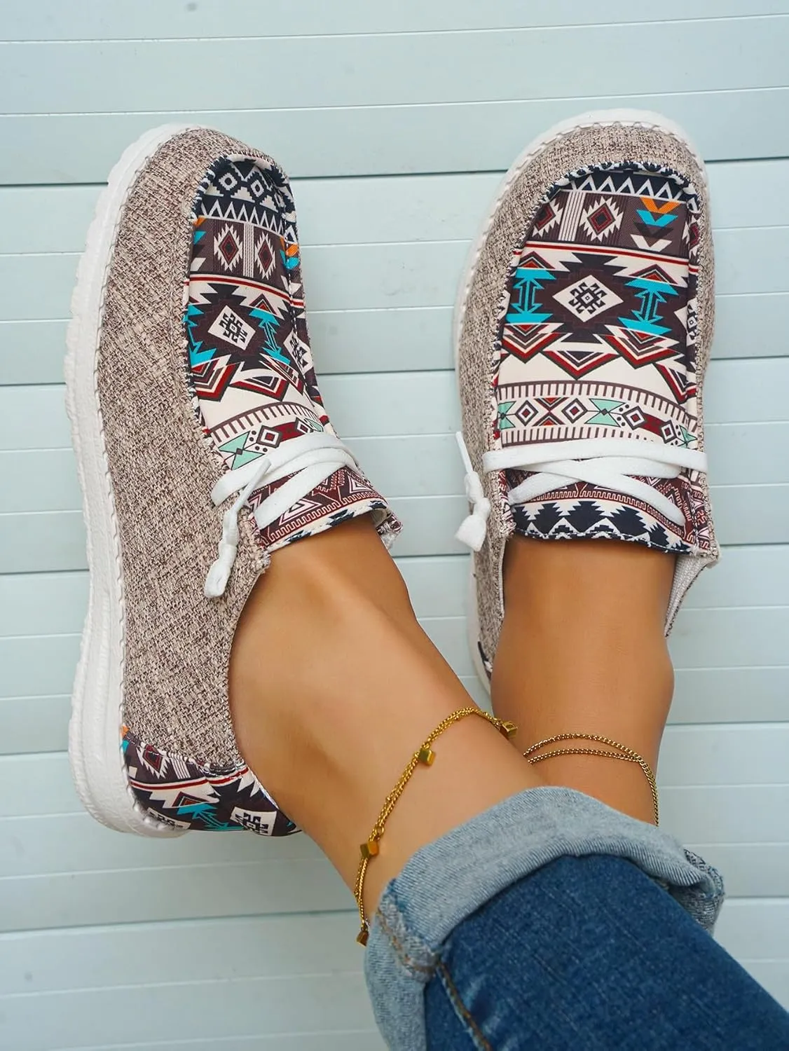 Women's Aztec Print Pattern Canvas Loafer Shoes Ethnic Lace-up Slip-on Sneakers Wide Width and Arch Support Lightweight Walking Breathable Shoes Comfort, Color Blue Brown Rose-Red