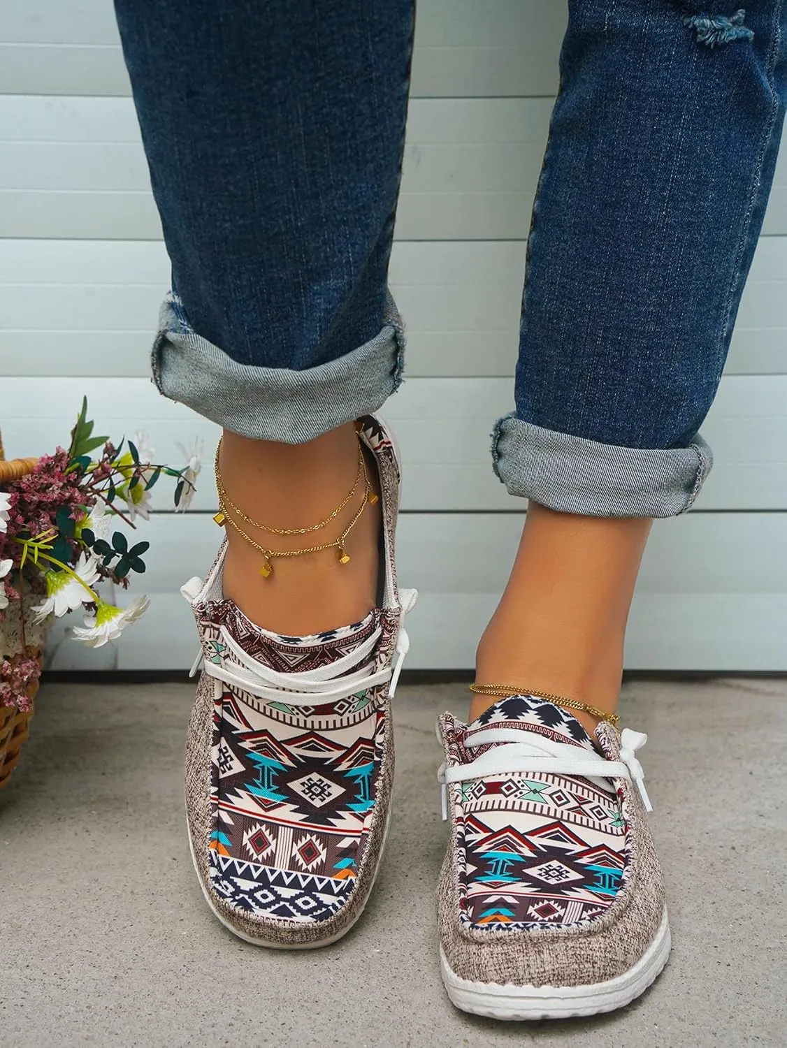 Women's Aztec Print Pattern Canvas Loafer Shoes Ethnic Lace-up Slip-on Sneakers Wide Width and Arch Support Lightweight Walking Breathable Shoes Comfort, Color Blue Brown Rose-Red