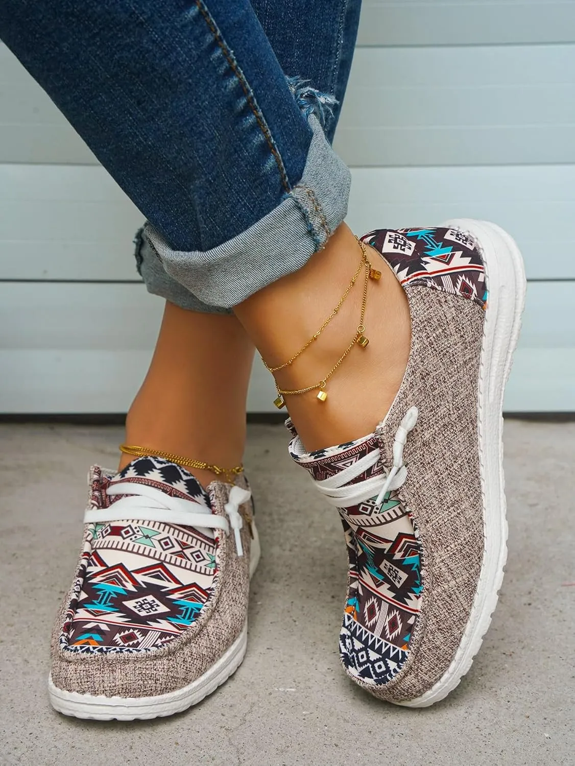 Women's Aztec Print Pattern Canvas Loafer Shoes Ethnic Lace-up Slip-on Sneakers Wide Width and Arch Support Lightweight Walking Breathable Shoes Comfort, Color Blue Brown Rose-Red