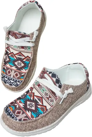 Women's Aztec Print Pattern Canvas Loafer Shoes Ethnic Lace-up Slip-on Sneakers Wide Width and Arch Support Lightweight Walking Breathable Shoes Comfort, Color Blue Brown Rose-Red
