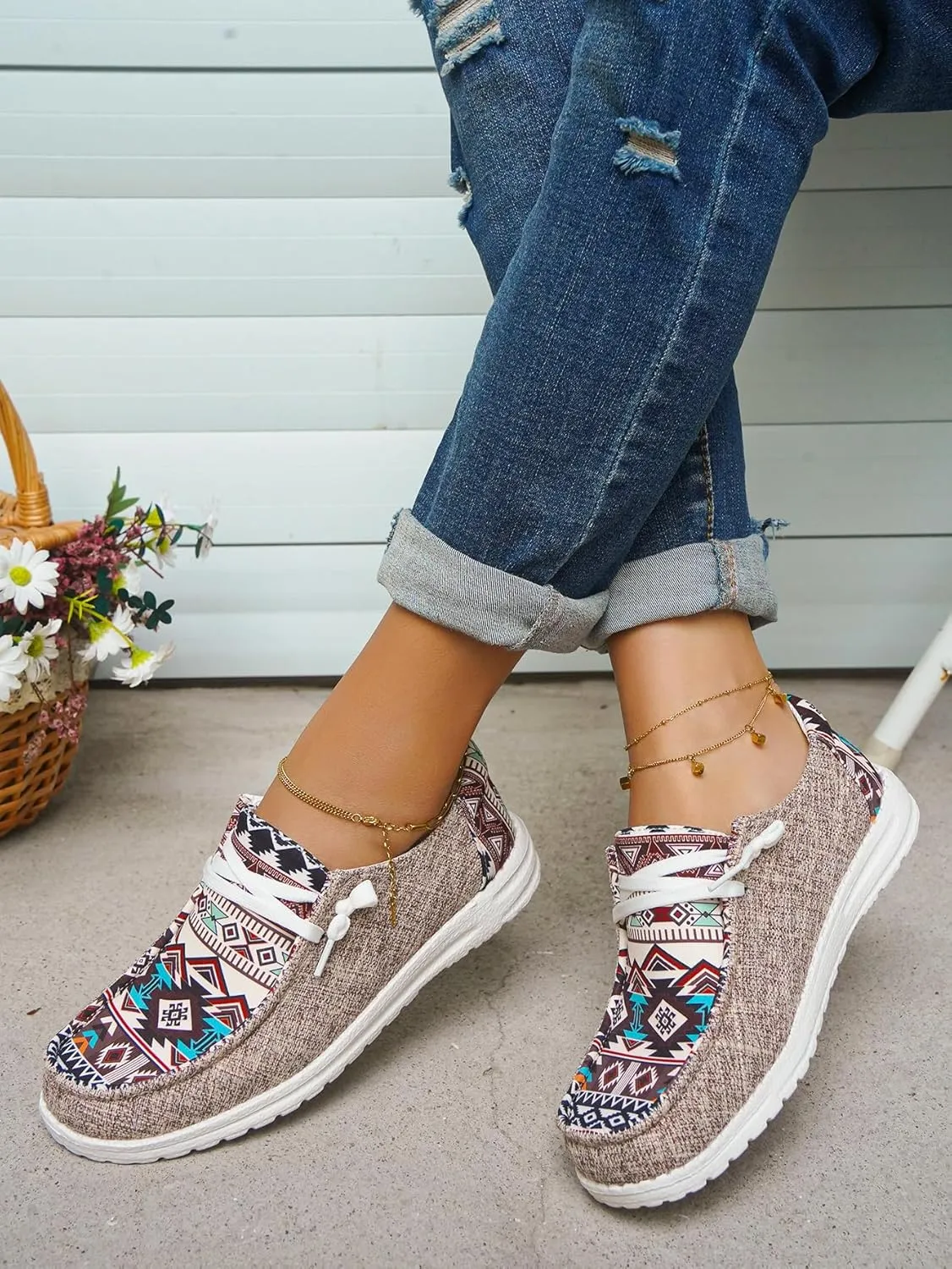 Women's Aztec Print Pattern Canvas Loafer Shoes Ethnic Lace-up Slip-on Sneakers Wide Width and Arch Support Lightweight Walking Breathable Shoes Comfort, Color Blue Brown Rose-Red