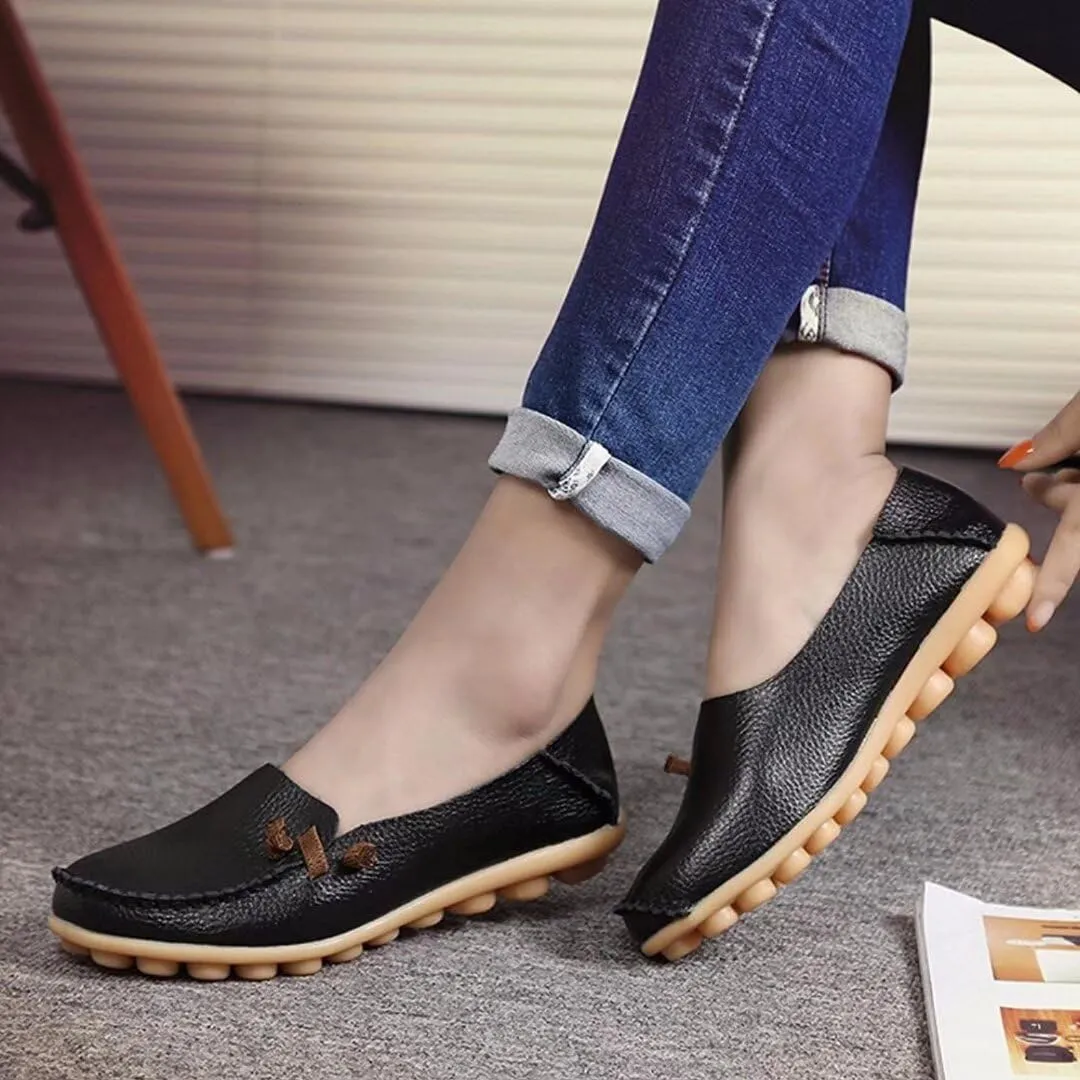 Women's Cowhide Leather Slipper Loafers Flat Shoes Slip-Ons