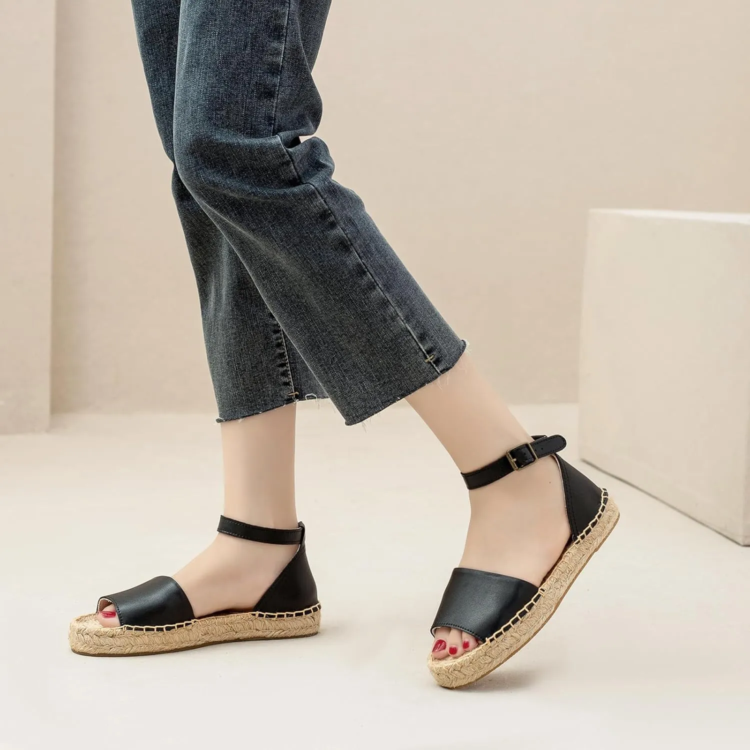 Women'S Espadille Thick Sole Genuine Cowhide Sandals Comfortable Summer Breathable Espadelle Sandals Adjustable Festival Work Travel Party