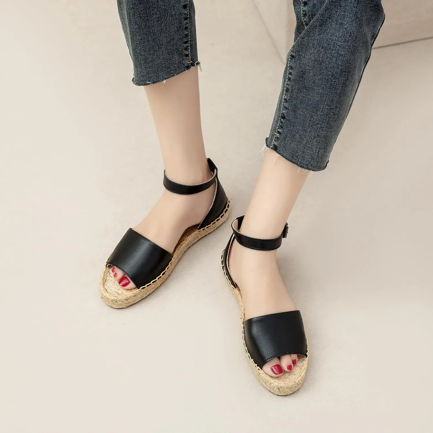 Women'S Espadille Thick Sole Genuine Cowhide Sandals Comfortable Summer Breathable Espadelle Sandals Adjustable Festival Work Travel Party