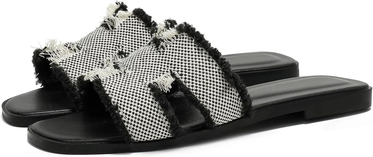 Women's Flat Slide Sandals Square Open Toe Flat Sandals Summer Flats Casual Slip on Fringe Trim