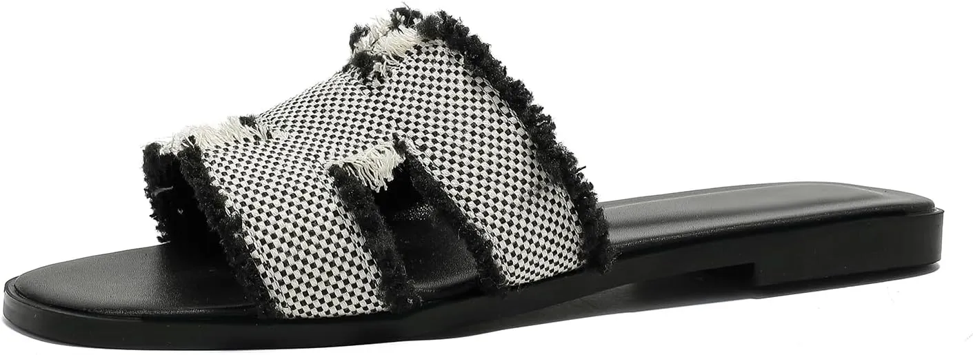 Women's Flat Slide Sandals Square Open Toe Flat Sandals Summer Flats Casual Slip on Fringe Trim