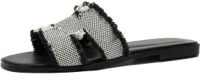 Women's Flat Slide Sandals Square Open Toe Flat Sandals Summer Flats Casual Slip on Fringe Trim