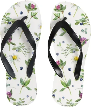 Womens Flip Flops for Summer Beach - Flowers Leaves and Berries Casual Slide Flat Sandals Thong Slippers