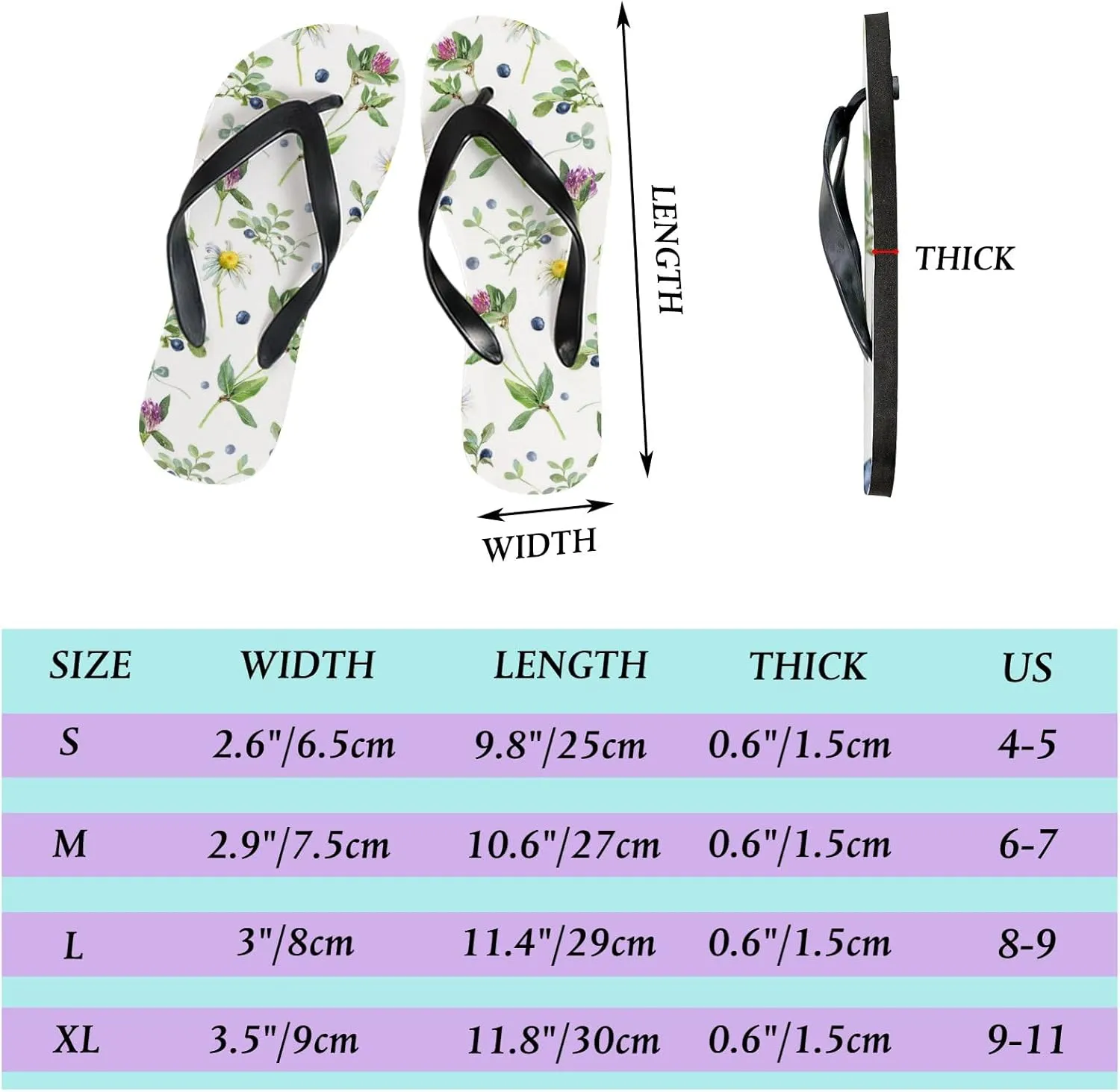 Womens Flip Flops for Summer Beach - Flowers Leaves and Berries Casual Slide Flat Sandals Thong Slippers