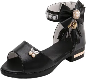 Women's Girl's Bowknot Sandals,Pearl Princess Shoes Rhinestone Summer Shoes Tassel Fashion Flat Shoes Comfortable Soft Bottom Shoes